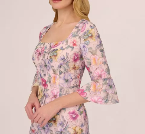 Adrianna Papell Floral Embroidered Sheath Dress With Three Quarter Bell Sleeves In Blush Multi BLUSHMULTI Cheap