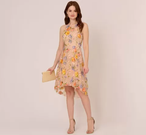 Adrianna Papell Floral Embroidered Sleeveless Midi Dress With High Low Skirt In Yellow Orange Multi YELLOW-ORANGEMULTI Clearance