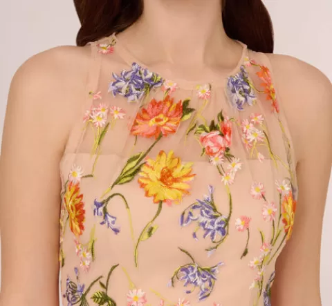 Adrianna Papell Floral Embroidered Sleeveless Midi Dress With High Low Skirt In Yellow Orange Multi YELLOW-ORANGEMULTI Clearance
