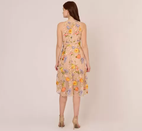 Adrianna Papell Floral Embroidered Sleeveless Midi Dress With High Low Skirt In Yellow Orange Multi YELLOW-ORANGEMULTI Clearance