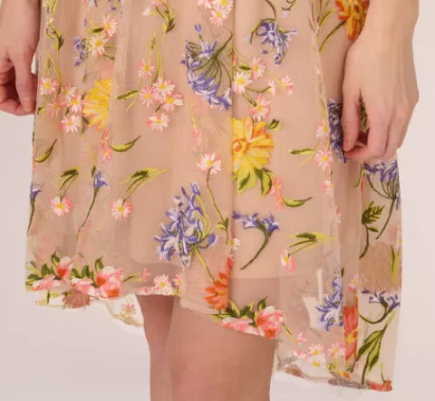 Adrianna Papell Floral Embroidered Sleeveless Midi Dress With High Low Skirt In Yellow Orange Multi YELLOW-ORANGEMULTI Clearance