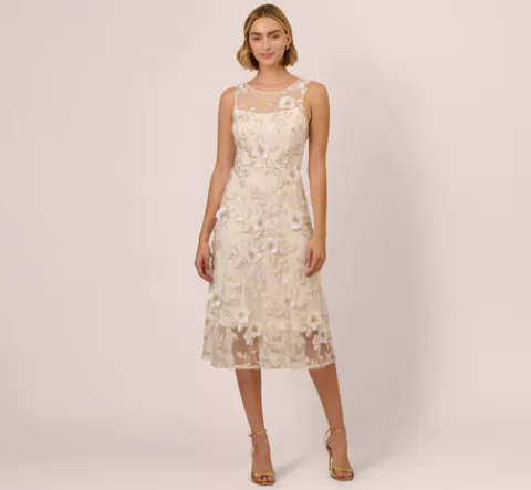 Adrianna Papell Floral Embroidery Illusion Midi Dress In Ivory Gold IVORY-GOLD Hot