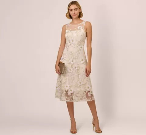 Adrianna Papell Floral Embroidery Illusion Midi Dress In Ivory Gold IVORY-GOLD Hot