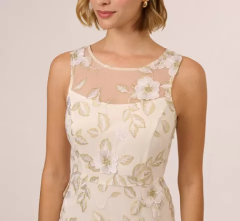 Adrianna Papell Floral Embroidery Illusion Midi Dress In Ivory Gold IVORY-GOLD Hot