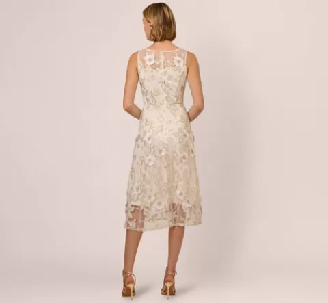 Adrianna Papell Floral Embroidery Illusion Midi Dress In Ivory Gold IVORY-GOLD Hot