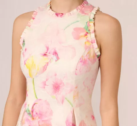 Adrianna Papell Floral Jacquard High Low Halter Dress With Ruffle Trim In Pink Multi PINKMULTI Cheap