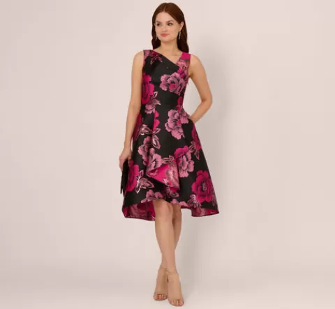 Adrianna Papell Floral Jacquard High Low Midi Dress With Asymmetrical Neckline In Black Pink BLACK-PINK Best Sale