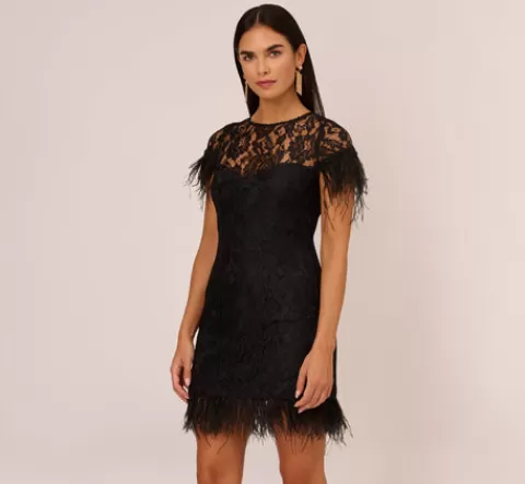 Adrianna Papell Floral Lace And Feather Trimmed Short Sheath Cocktail Dress In BLACK Clearance