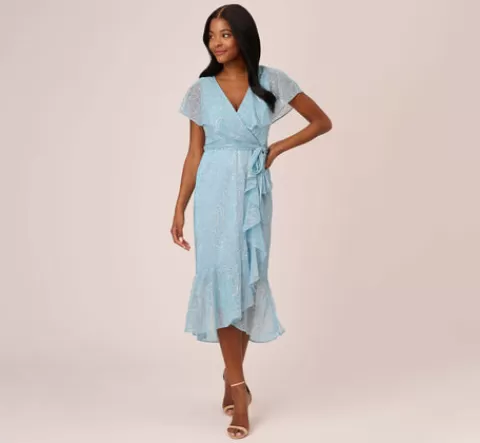 Adrianna Papell Floral Metallic Stencil Midi-Length Mermaid Dress With Capelet In Light Blue LIGHTBLUE Best Sale