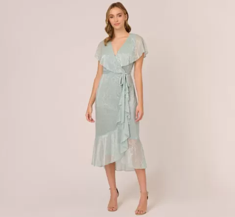 Adrianna Papell Floral Metallic Stencil Midi-Length Mermaid Dress With Capelet In Sea Glass SEAGLASS Hot