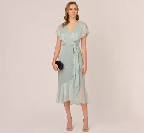 Adrianna Papell Floral Metallic Stencil Midi-Length Mermaid Dress With Capelet In Sea Glass SEAGLASS Hot