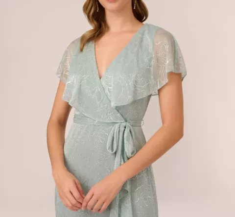 Adrianna Papell Floral Metallic Stencil Midi-Length Mermaid Dress With Capelet In Sea Glass SEAGLASS Hot