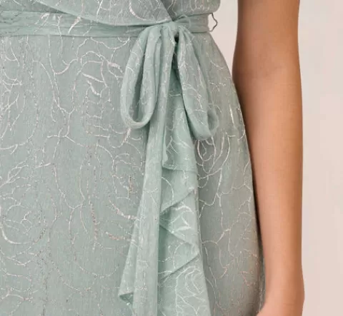 Adrianna Papell Floral Metallic Stencil Midi-Length Mermaid Dress With Capelet In Sea Glass SEAGLASS Hot