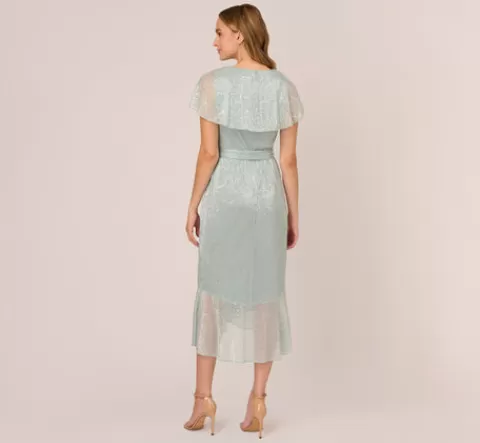 Adrianna Papell Floral Metallic Stencil Midi-Length Mermaid Dress With Capelet In Sea Glass SEAGLASS Hot