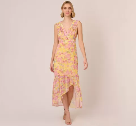 Adrianna Papell Floral Print Ankle Length Chiffon Dress With Ruffled Details In Yellow Multi YELLOWMULTI Online