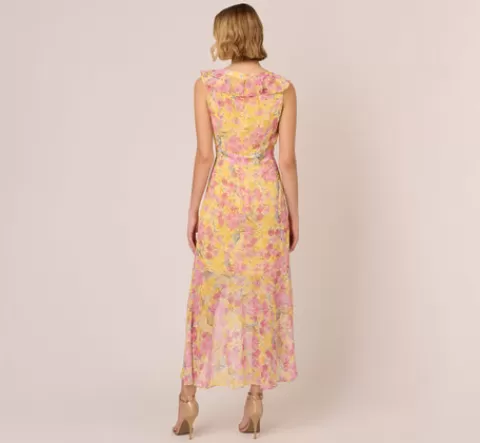 Adrianna Papell Floral Print Ankle Length Chiffon Dress With Ruffled Details In Yellow Multi YELLOWMULTI Online