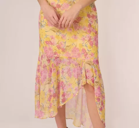 Adrianna Papell Floral Print Ankle Length Chiffon Dress With Ruffled Details In Yellow Multi YELLOWMULTI Online