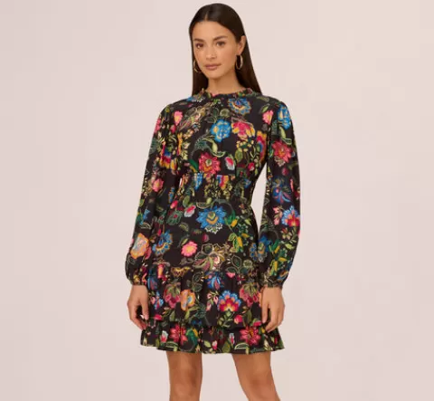 Adrianna Papell Floral Print Dress With Long Bishop Sleeves In Black Multi BLACKMULTI Online