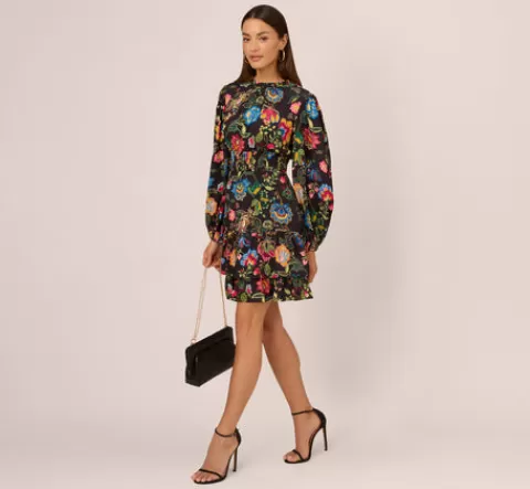 Adrianna Papell Floral Print Dress With Long Bishop Sleeves In Black Multi BLACKMULTI Online