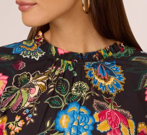 Adrianna Papell Floral Print Dress With Long Bishop Sleeves In Black Multi BLACKMULTI Online