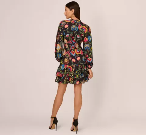Adrianna Papell Floral Print Dress With Long Bishop Sleeves In Black Multi BLACKMULTI Online