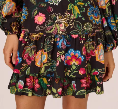 Adrianna Papell Floral Print Dress With Long Bishop Sleeves In Black Multi BLACKMULTI Online