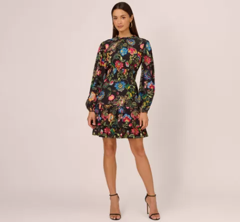 Adrianna Papell Floral Print Dress With Long Bishop Sleeves In Black Multi BLACKMULTI Online