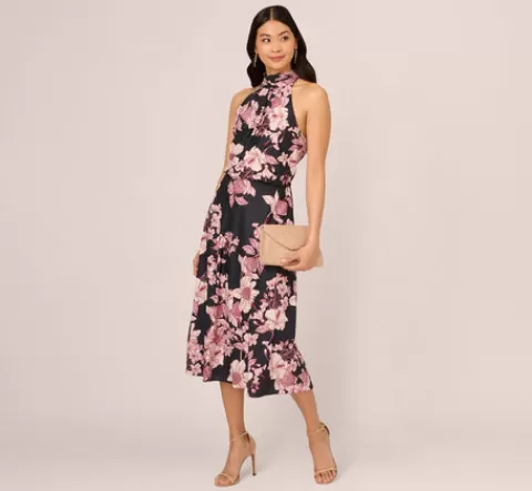Adrianna Papell Floral Print Halter Midi Dress With Mock Neckline In Black Multi BLACKMULTI Flash Sale
