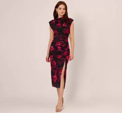 Adrianna Papell Floral Print Jersey Ankle Length Dress With Draped Details In Black Pink Multi BLACK-PINKMULTI Shop