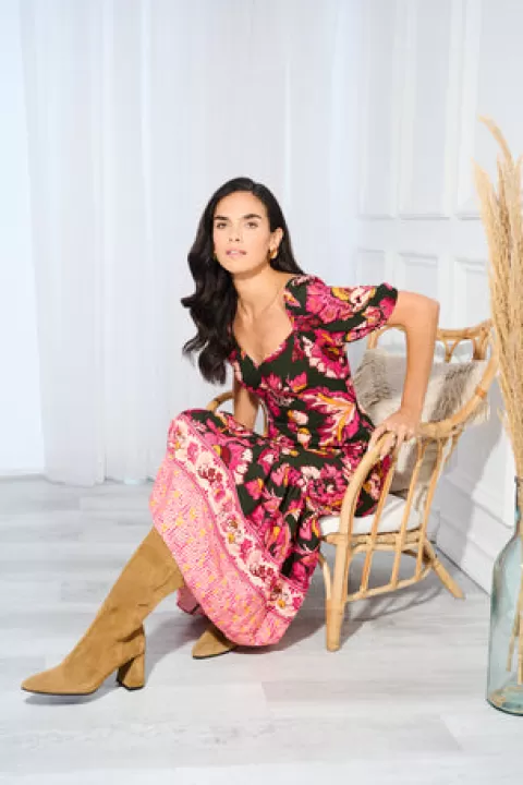 Adrianna Papell Floral Print Maxi Dress With Puff Sleeves In Hunter Multi HUNTERMULTI Discount