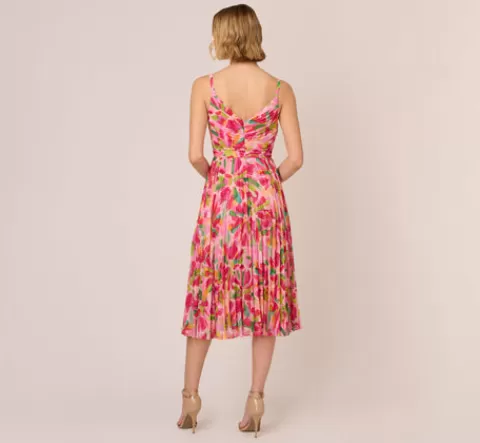 Adrianna Papell Floral Print Pleated Chiffon Midi Dress In Pink Green Multi PINK-GREENMULTI Cheap