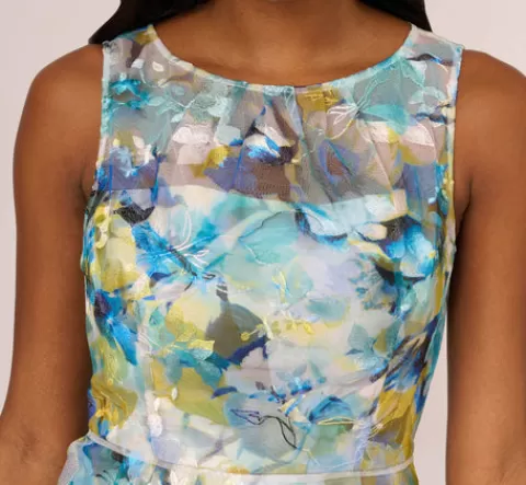 Adrianna Papell Floral Print Sleeveless Midi Dress With Sheer Neckline In Blue Ivory Multi BLUE-IVORYMULTI Cheap