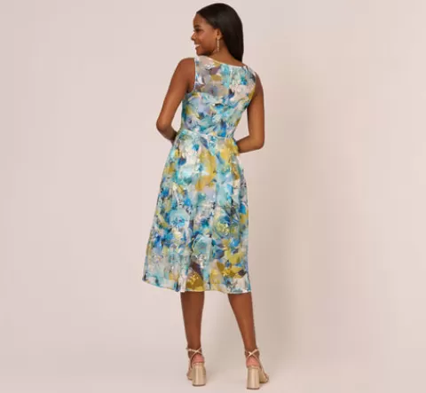 Adrianna Papell Floral Print Sleeveless Midi Dress With Sheer Neckline In Blue Ivory Multi BLUE-IVORYMULTI Cheap