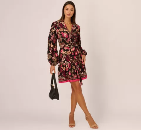 Adrianna Papell Floral Printed V Neck Button Front Dress With Long Sleeves In Black Multi BLACKMULTI Flash Sale