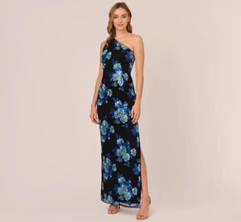 Adrianna Papell Floral Sequin One Shoulder Column Gown In Black Blue Multi BLACK-BLUEMULTI Hot