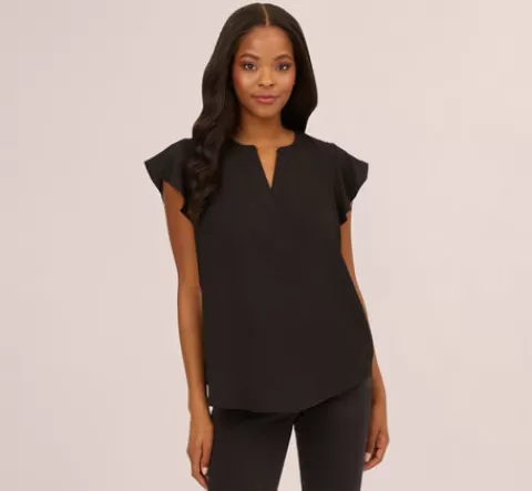 Adrianna Papell Flutter Sleeve Top With Notched Neck In BLACK New