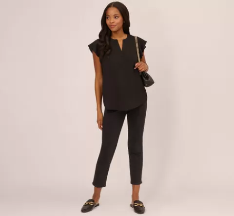 Adrianna Papell Flutter Sleeve Top With Notched Neck In BLACK New