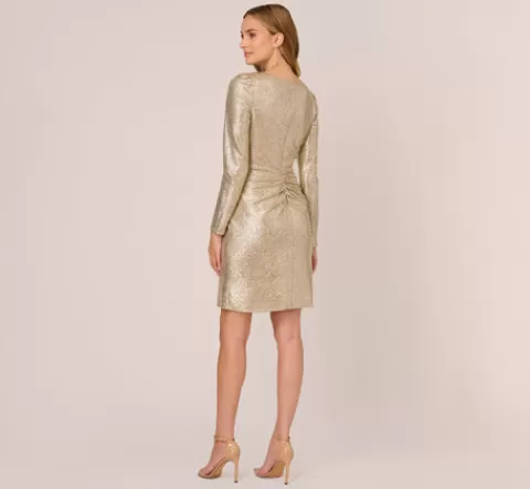 Adrianna Papell Foil Knit Faux Wrap Dress With Long Sleeves In Light Gold LIGHTGOLD Cheap