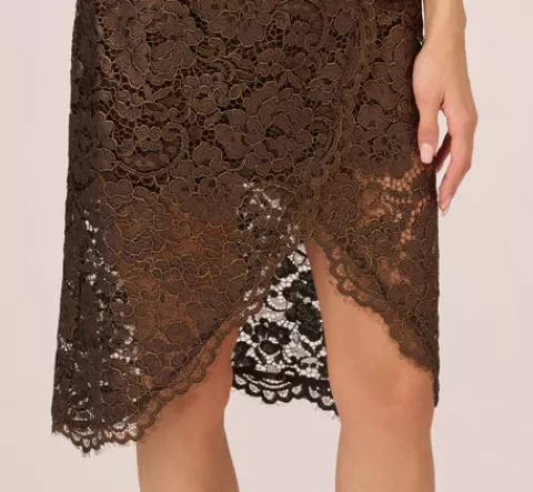 Adrianna Papell Foil Lace Halter Dress With Sheer Tulip Skirt In BRONZE Hot
