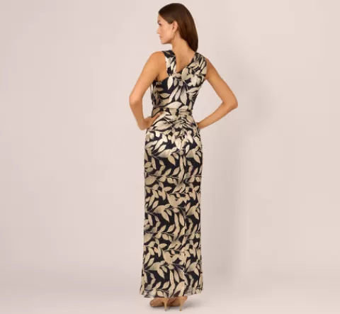 Adrianna Papell Foil Printed Asymmetric Gown With Ruffled Detail In Navy Gold NAVY-GOLD Outlet