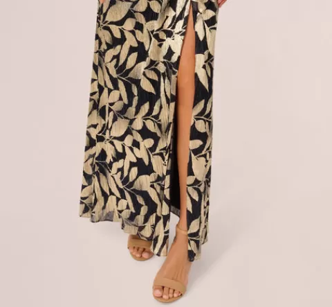 Adrianna Papell Foil Printed Asymmetric Gown With Ruffled Detail In Navy Gold NAVY-GOLD Outlet