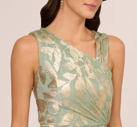 Adrianna Papell Foil Printed Asymmetric Gown With Ruffled Detail In Sage Gold SAGE-GOLD Cheap