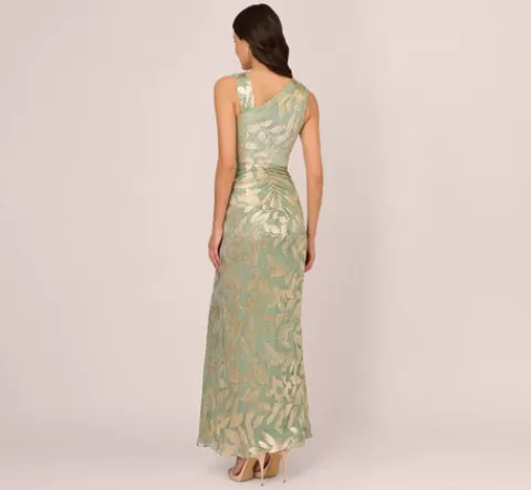 Adrianna Papell Foil Printed Asymmetric Gown With Ruffled Detail In Sage Gold SAGE-GOLD Cheap
