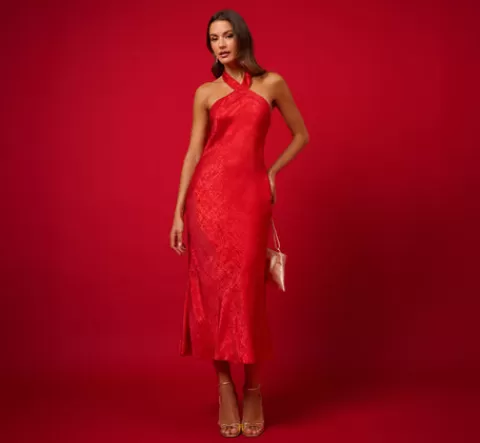 Adrianna Papell Foil Woven Halter Midi Dress In RED Store