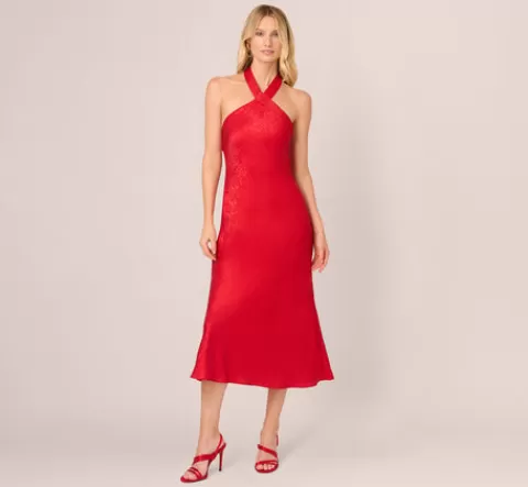 Adrianna Papell Foil Woven Halter Midi Dress In RED Store
