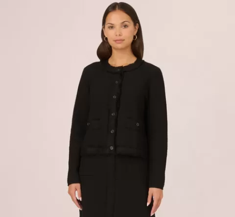 Adrianna Papell Fray Trimmed Cardigan Sweater With Long Sleeves In BLACK Best Sale
