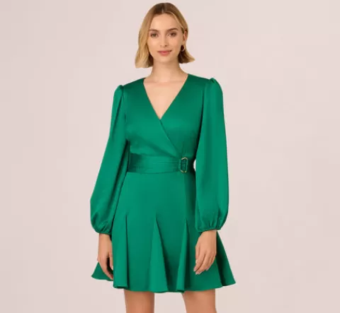 Adrianna Papell Godet Faux Wrap Short Dress In Radiant Emerald RADIANTEMERALD Store