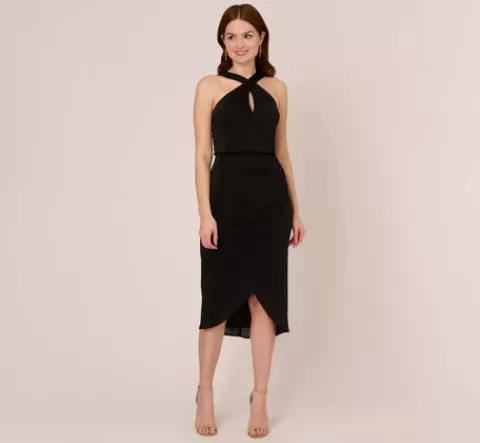 Adrianna Papell Halter Cocktail Dress With Faux Wrap Skirt In BLACK Cheap