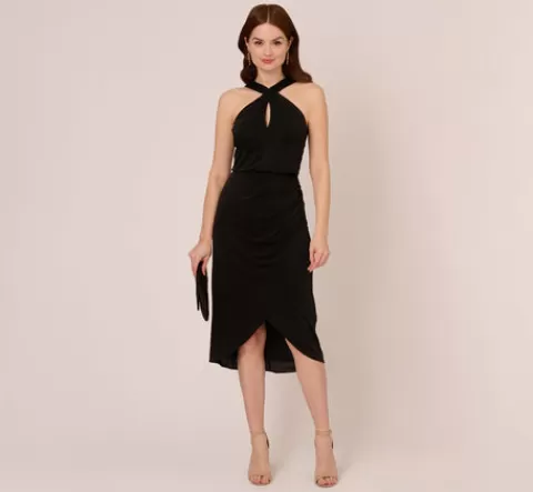 Adrianna Papell Halter Cocktail Dress With Faux Wrap Skirt In BLACK Cheap