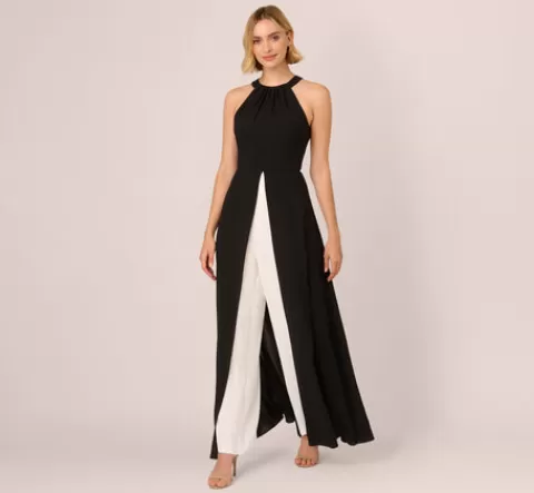 Adrianna Papell Halter Crepe Overlay Jumpsuit In Black Ivory BLACK-IVORY Fashion